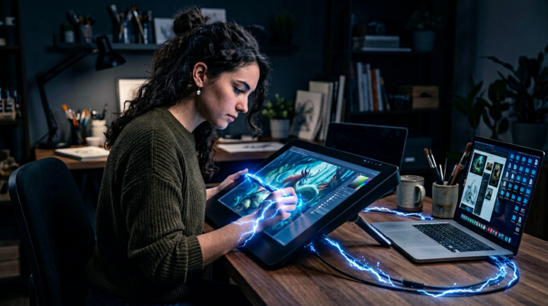 Illustratrice travaillant sur une tablette graphique reliée à un MacBook Pro, avec des effets d’électricité et de tension autour des mains et des câbles.