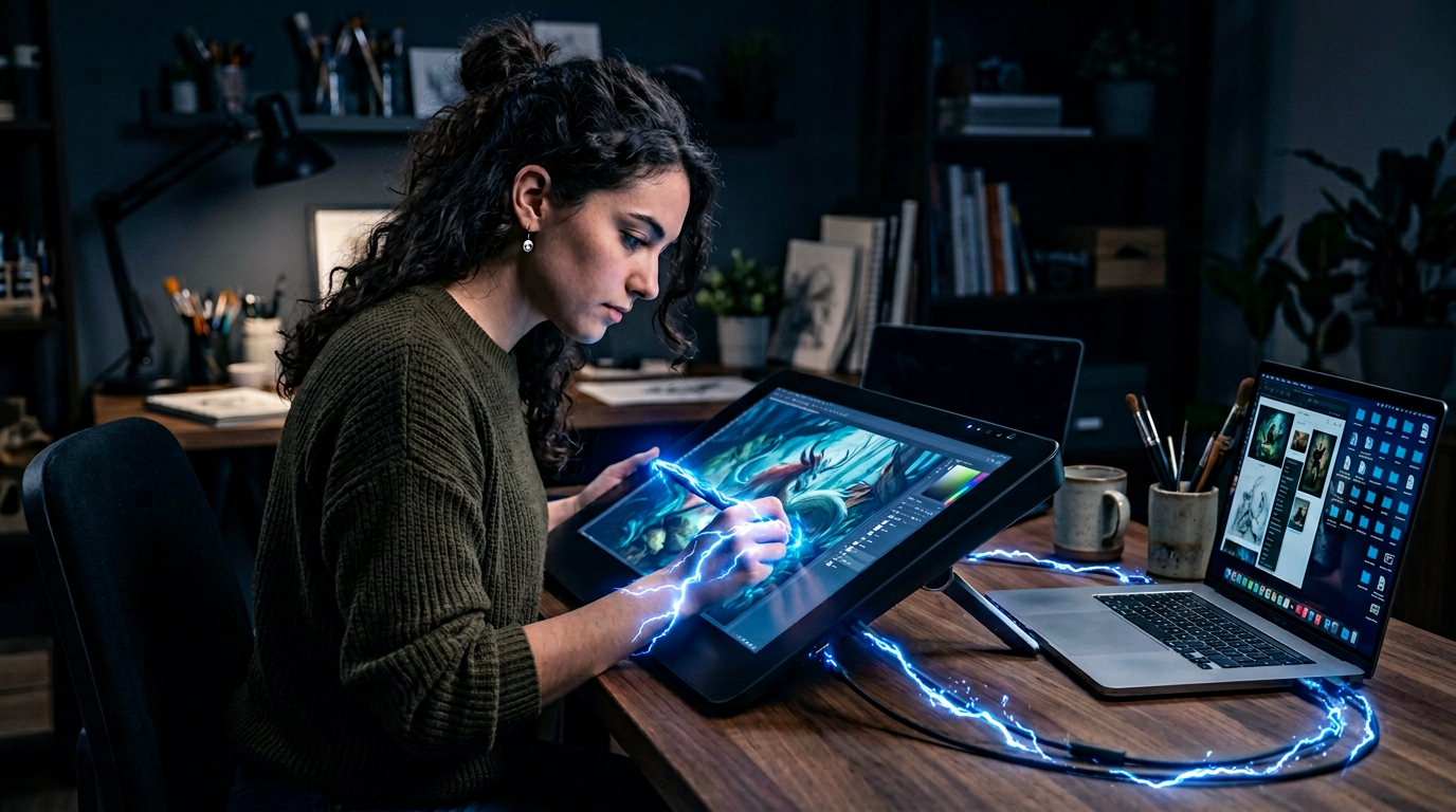 Illustratrice travaillant sur une tablette graphique reliée à un MacBook Pro, avec des effets d’électricité et de tension autour des mains et des câbles.