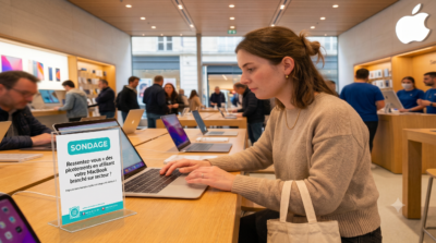Voici le texte alternatif (SEO/accessibilité) ainsi que la description détaillée de l'image finalisée : Texte alternatif (ALT) Femme utilisant un MacBook dans un Apple Store près d'un présentoir de sondage sur les picotements électriques.